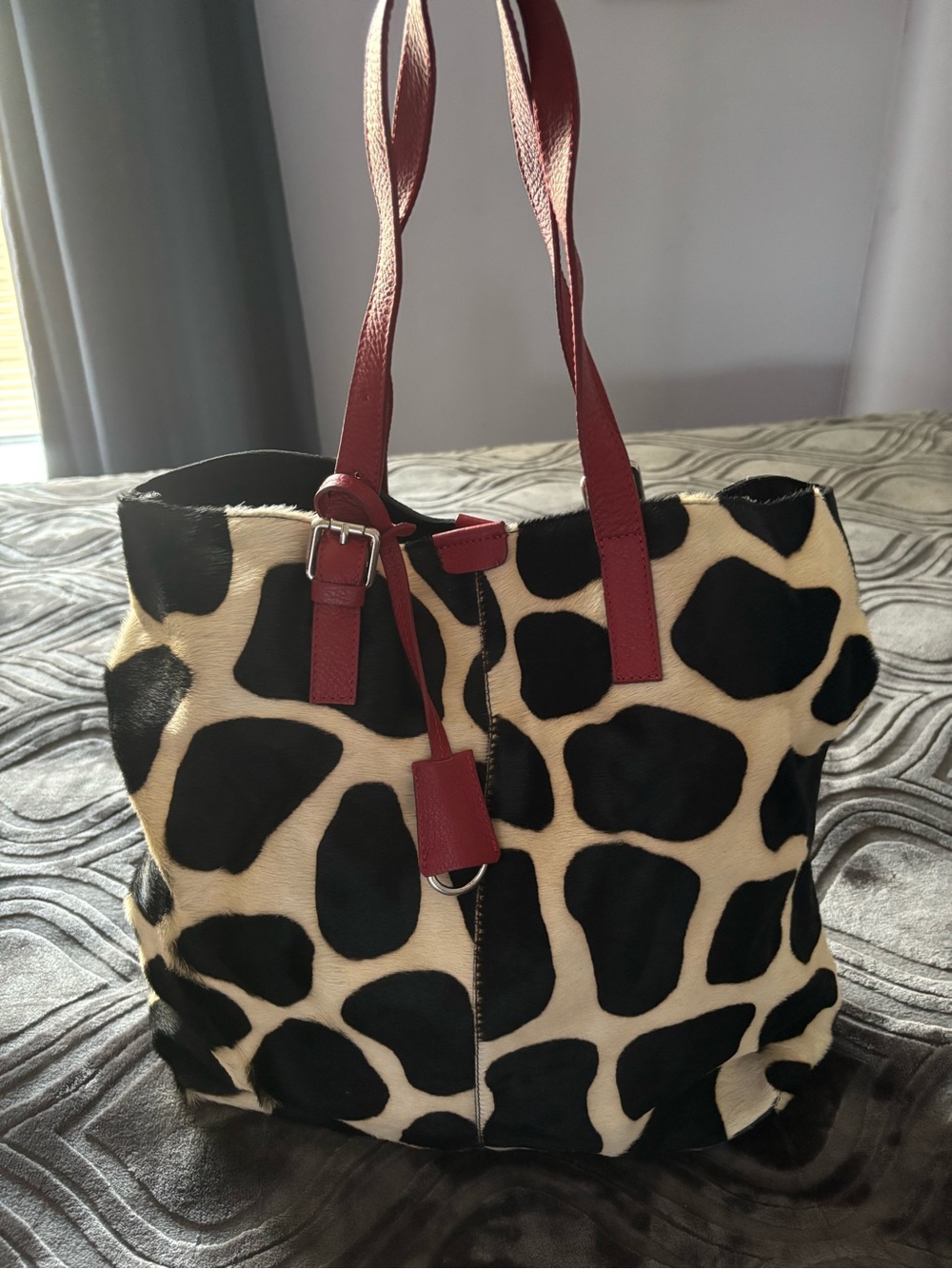 Vera Pelle Calf Hair and Leather Giraffe Print Tote Bag with Red Leather Straps